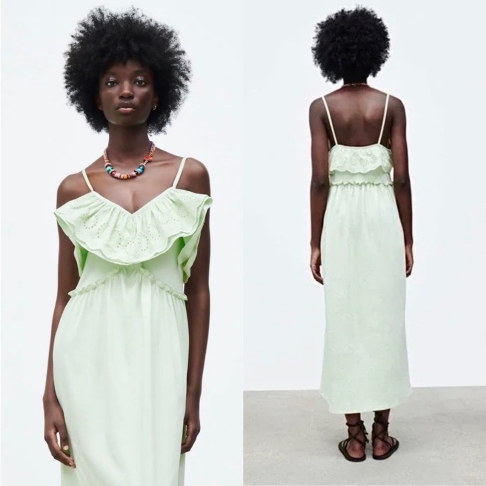 ⭐️ Zara Eyelet Ruffle Maxi /Midi  Dress Mint Green Cotton
